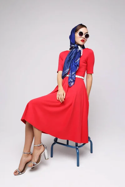 Young Woman Retro Style Sunglasses Silk Scarf Sixties Style Fashion Stock Photo