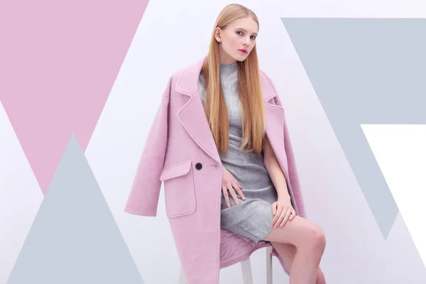 Young Elegant Woman Trendy Pink Coat Blond Hair Silver Dress — Stock Photo, Image