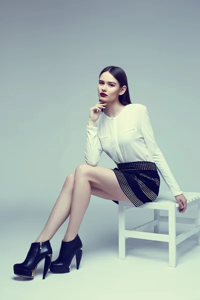 High fashion portrait of young elegant woman in black skirt and — Stock Photo, Image