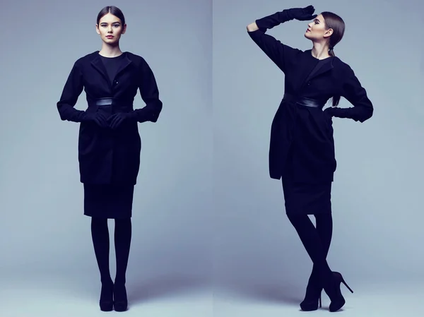 Two images of elegant woman in black coat. Studio shot — Stock Photo, Image