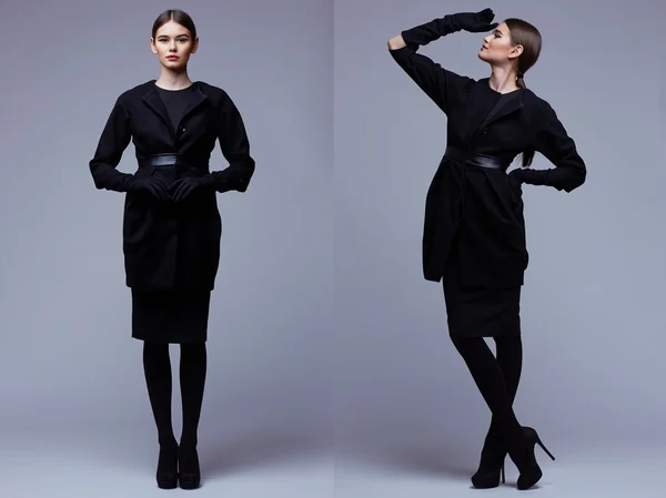 Zwei Bilder einer eleganten Frau im schwarzen Mantel. Studioaufnahme — Stockfoto