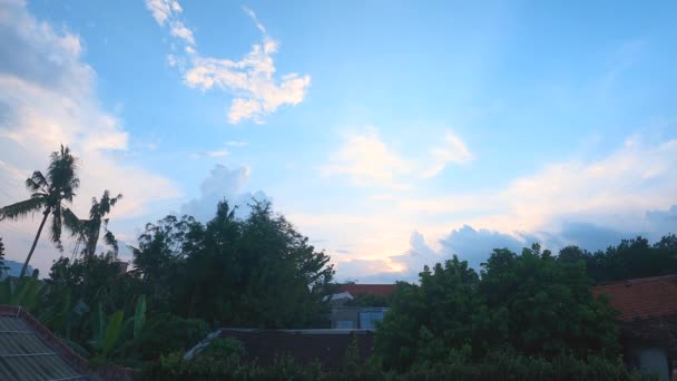 Облачное Синее Небо Зелеными Деревьями Домом Крыше Местном Районе — стоковое видео
