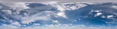 Seamless cloudy blue sky hdri panorama 360 degrees angle view with beautiful clouds  with zenith for use in 3d graphics or game as sky dome or edit drone shot clipart