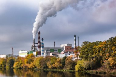 Ahşap işletme tesislerinin boruları nehir kıyısında sonbahar kırmızı ağaçlı kereste fabrikası. Hava kirliliği konsepti. Endüstriyel arazi çevresel kirlilik termik enerji santralinin atıkları