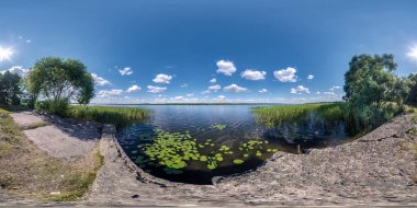 full seamless spherical hdri panorama 360 degrees angle view concrete embankment of wide river in sunny day with beautiful clouds in equirectangular projection, ready VR AR virtual reality content clipart