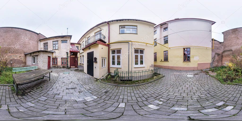 full seamless spherical hdri panorama 360 degrees angle near old houses in narrow courtyard of city bystreet in equirectangular projection, ready for VR AR virtual reality content