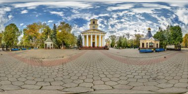 full seamless spherical hdri panorama 360 degrees angle view near entrance of old orthodox church in equirectangular projection with zenith and nadir. VR  AR content clipart