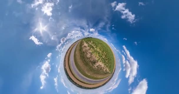 Revolves Road Fields Beautiful Blue Sky White Clouds Little Planet — Stock Video