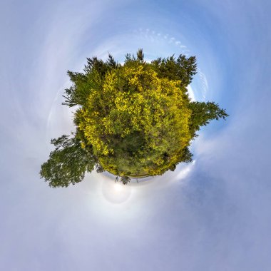 Mavi gökyüzünde güzel bulutları olan küçük yeşil bir gezegen. Küresel panoramanın 360 derece dönüşümü. Küresel soyut hava görüntüsü. Uzayın eğriliği.