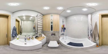GOMEL, BELARUS - NOVEMBER, 2018: Zirve ve ve az ile eş dikdörtgen projeksiyonlu modern apartmanların banyosunun içinde tam dikişsiz hdri panorama 360 derecelik açı görüntüsü. VR içeriği
