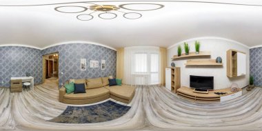MINSK, BELARUS - HAZİRAN 2020: Tam küresel dikişsiz hdri panorama misafir odasının içinde daire, kanepe ve televizyon eşdikdörtgen projeksiyonlu, VR içeriği