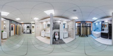 MINSK, BELARUS - Mayıs 2019: Tam küresel dikişsiz hdri panorama iç mekanda elit tesisat ve ev eşyaları galerisinde eşdikdörtgen projeksiyon, VR AR içeriği