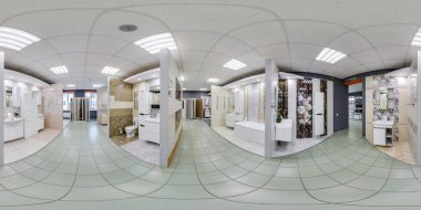 MINSK, BELARUS - Mayıs 2019: Tam küresel dikişsiz hdri panorama iç mekanda elit tesisat ve ev eşyaları galerisinde eşdikdörtgen projeksiyon, VR AR içeriği