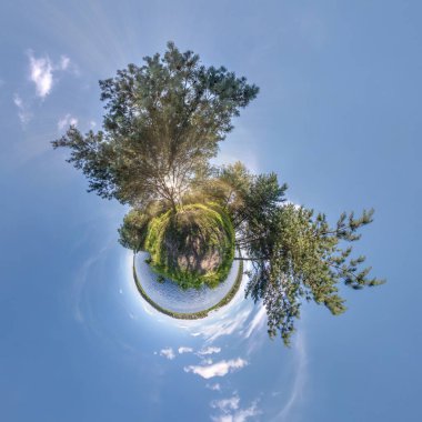 Küresel panorama 360 derecelik yeşil gezegen dönüşümü. Ormana küresel soyut hava manzarası. Uzayın eğriliği.