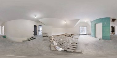 Tamiri ve mobilyası olmayan boş bir beyaz oda. Tam küresel hdri panorama 360 derece modern dairelerin iç odalarında eş dikdörtgen projeksiyonlu.