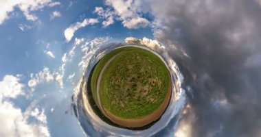 circular rotating of green little planet in beautiful sky with clouds. curvature of space. loop
