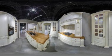 MOSCOW, RUSSIA - MAYIS, 2017: Lüks mobilya mutfak galerisinin içinde kusursuz küresel hdri panorama eşdikdörtgen projeksiyonlu. VR içeriği