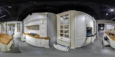 MOSCOW, RUSSIA - MAYIS, 2017: Lüks mobilya mutfak galerisinin içinde kusursuz küresel hdri panorama eşdikdörtgen projeksiyonlu. VR içeriği