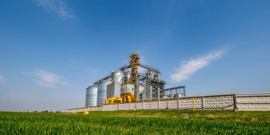 Modern Granary asansörü. Tarım işleme ve üretim tesisinde tarım ürünleri, un, tahıl ve tahıl işleme ve depolama için gümüş silolar. tohum temizleme hattı 