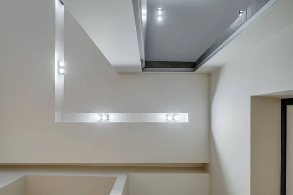 Plafond Suspendu Avec Lampes Halogènes Spots Construction Cloisons Sèches Dans — Photo