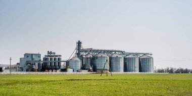 Modern Granary asansörü. Tarım işleme ve üretim tesisinde tarım ürünleri, un, tahıl ve tahıl işleme ve depolama için gümüş silolar. tohum temizleme hattı 