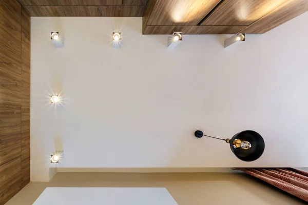 Tecto Suspenso Com Lâmpadas Led Pontos Diodo Construção Drywall Sala — Fotografia de Stock