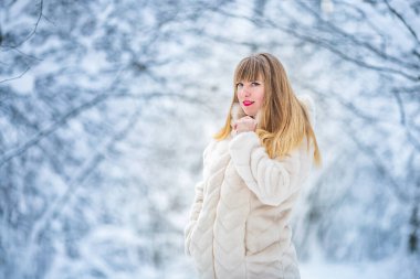 Güzel, kendine güvenen, beyaz kürklü güzel bir kadın. Karlı ormanda yalnız poz veren kameraya bakıyor.