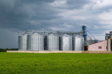 Modern Granary asansörü ve tohum temizleme hattı. Tarım işleme ve imalat tesisinde tarım ürünleri, un, tahıl ve tahıl işleme ve depolama için gümüş silolar. 