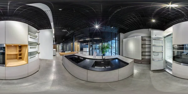MOSCOW, RUSSIA - MAYIS, 2017: Lüks mobilya mutfak galerisinin içinde kusursuz küresel hdri panorama eşdikdörtgen projeksiyonlu. VR içeriği