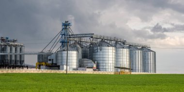 Modern Granary asansörü ve tohum temizleme hattı. Tarım işleme ve üretim tesisinde gümüş silolar depolama ve işleme için tarım ürünleri, un, tahıl ve tahıl kuru temizleme. 
