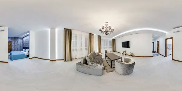 Eksiksiz küresel Hdri Panorama 360 derece Vip misafir odasının içinde daire ya da otelin içinde kanepe koltukları ve TV eşdikdörtgen projeksiyonlu, VR içeriği
