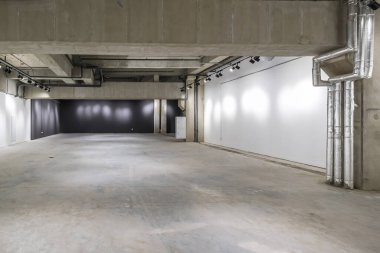 Büyük beton odanın içi depo ya da spot ışıkları olan bir hangar gibi boş.