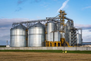 Modern Granary asansörü ve tohum temizleme hattı. Tarım işleme ve üretim tesisinde gümüş silolar depolama ve işleme için tarım ürünleri, un, tahıl ve tahıl kuru temizleme. 