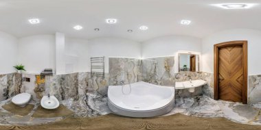 Kusursuz 360 Hdri Panorama modern apartman dairelerinde tuvalet, bidet ve lavabo eşdikdörtgen projeksiyonlu ve az boyunda pahalı tuvaletlerin içinde. VR AR içeriği