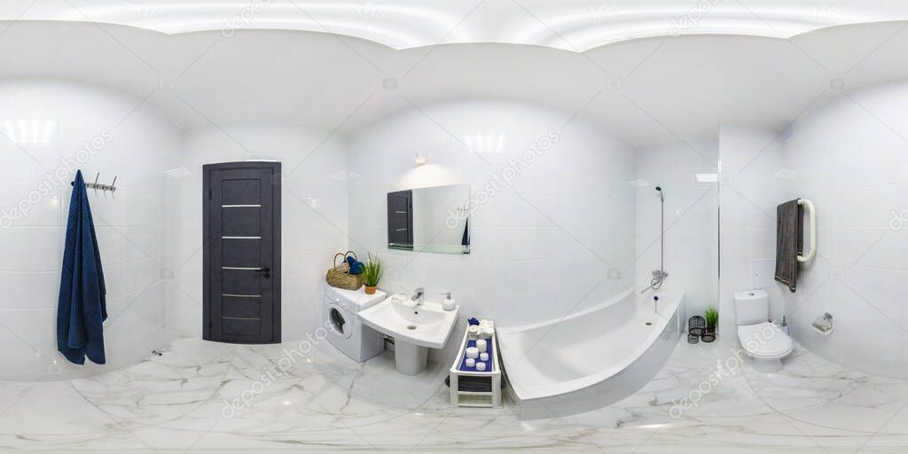360 seamless hdri panorama view inside interior of expensive bathroom in modern flat apartments with toilet and washbasin in equirectangular spherical projection, ready AR VR virtual reality content