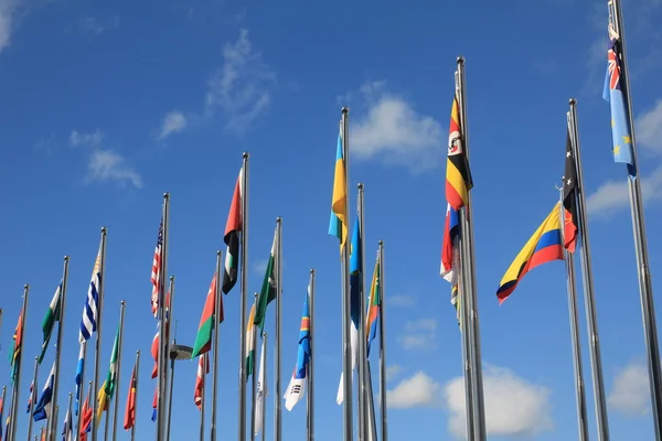 Flags of different countries against the sky — Stock Photo, Image