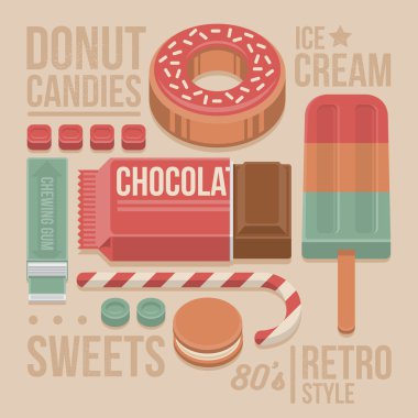 Şekerleme Vintage kılıfı - Donut, çikolata Bar, lolipop, kurabiye, tatlı şekerleme, sakız ve dondurma. 80s retro tarzı düz elemanları ile bej renkli arka plan üzerinde izole. Vektör çizim.