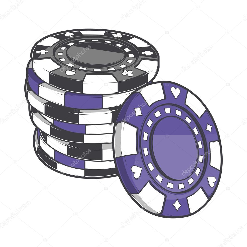 Black and violet stacks of gambling chips, casino tokens isolated on a white background. Color line art. Retro design. Vector illustration.