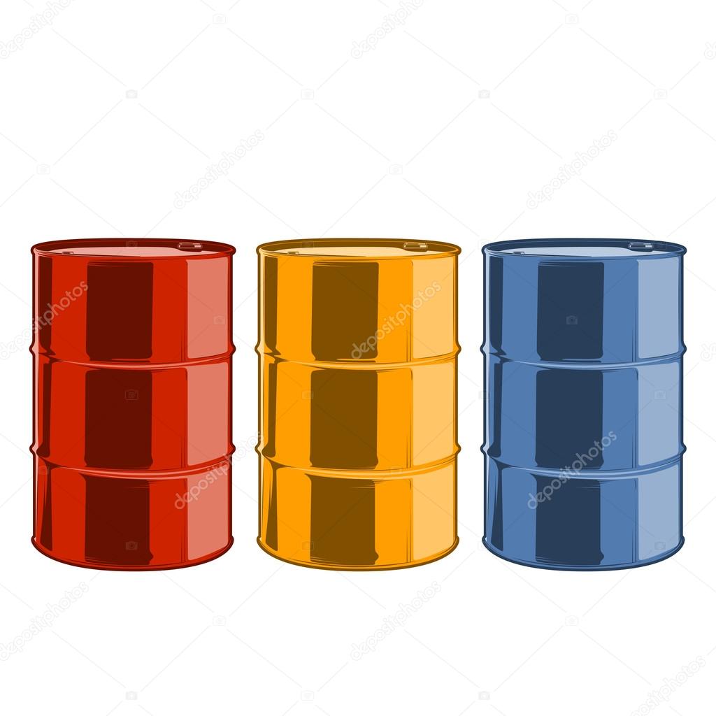 Red, yellow and blue steel oil barrels isolated on a white background. Color line art. Retro design. Vector illustration.