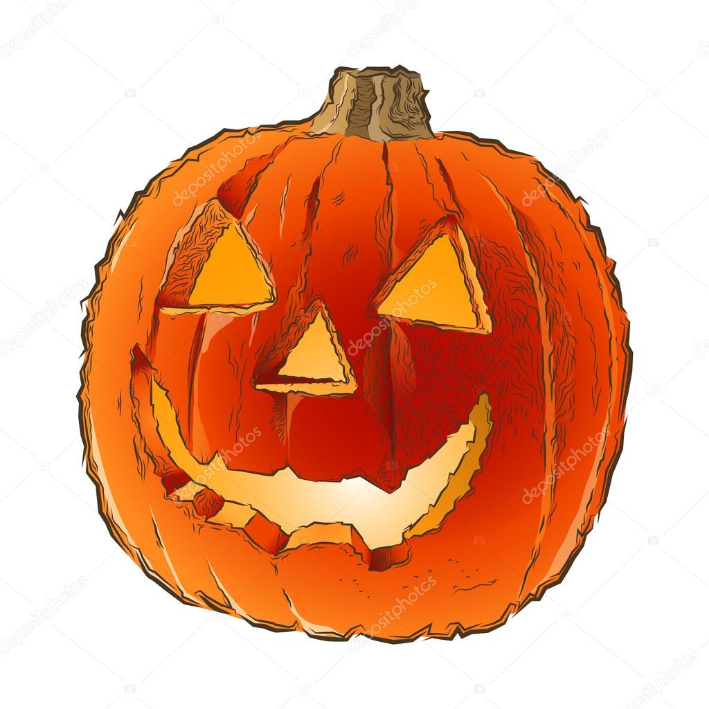 Scary Jack O Lantern halloween pumpkin with candle light inside isolated on a white background. Line art. Retro design. Vector illustration.