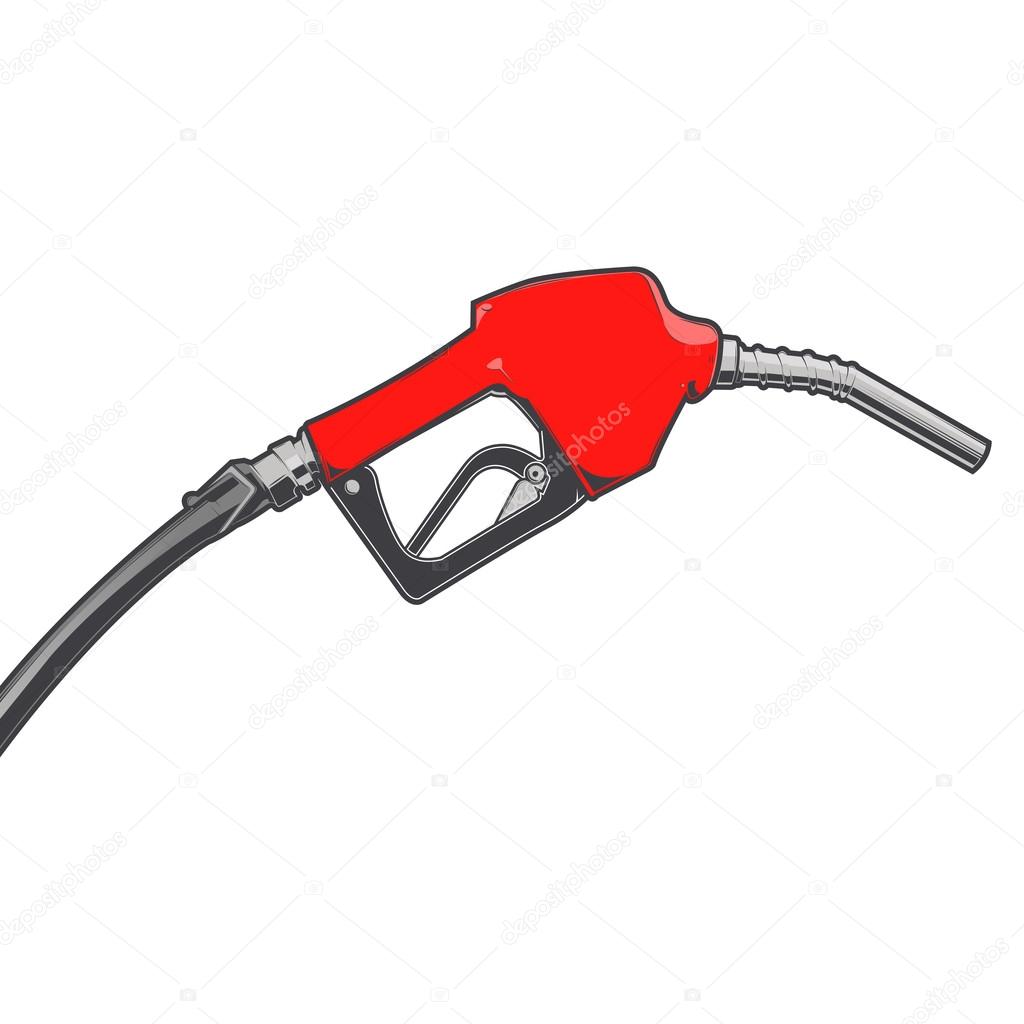 Red fuel nozzle with hose isolated on a white background. Color line art. Retro design. Vector illustration.