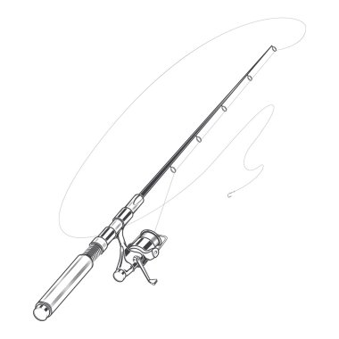 Fishing rod, spinning with bait isolated on a white background. Line art. Retro design. Vector illustration. clipart