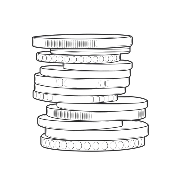 Monedas pilas aisladas sobre un fondo blanco. Arte de línea. Diseño retro. Ilustración vectorial . — Vector de stock