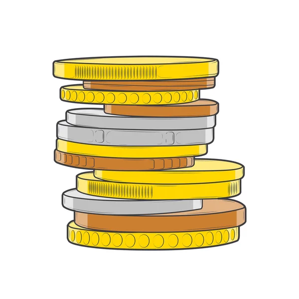 Monedas de oro, plata y bronce aisladas sobre un fondo blanco. Arte de línea de color. Diseño retro. Ilustración vectorial . — Vector de stock