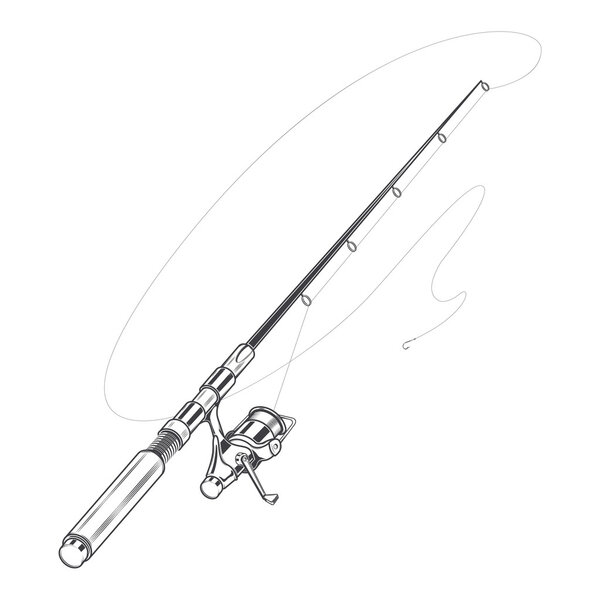 Fishing rod, spinning with bait isolated on a white background. Line art. Retro design. Vector illustration.
