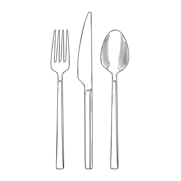 Cutlery set of fork, knife and spoon isolated on a white background. Hand drawn line art. Retro design. Vector illustration. — Stock Vector