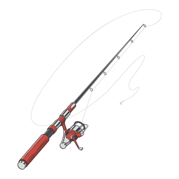 Red fishing rod, spinning with bait isolated on a white background. Color line art. Retro design. Vector illustration. — Stock Vector