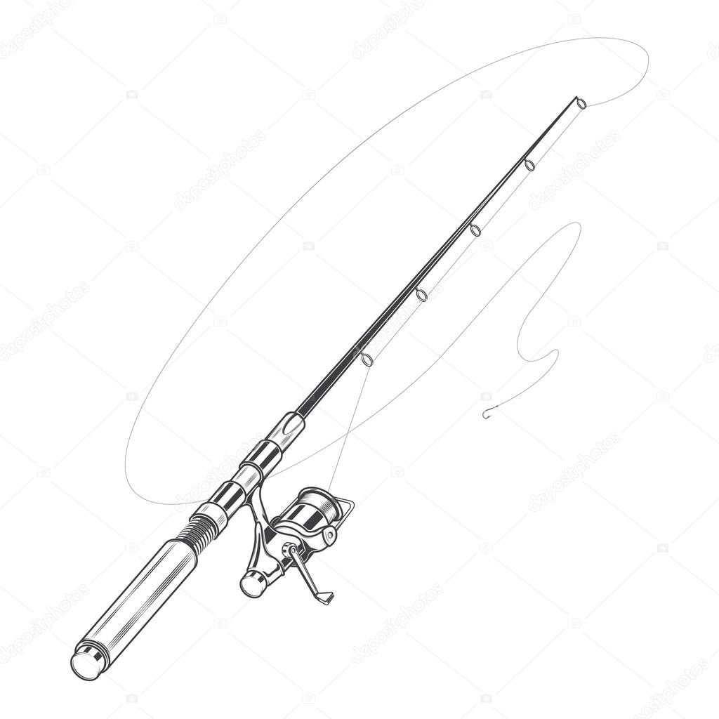 Fishing rod, spinning with bait isolated on a white background. Line art.  Retro design. Vector illustration. Stock Vector by ©v.snitovets 53393047