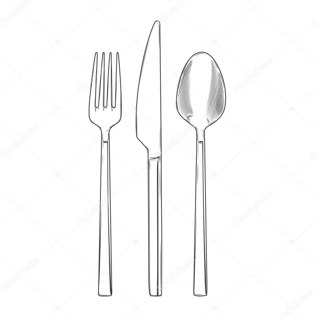 Cutlery set of fork, knife and spoon isolated on a white background. Hand drawn line art. Retro design. Vector illustration.
