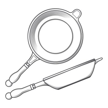 Beyaz bir arka plan üzerinde izole tava (yan ve üst görünümden) kızartma. Hat sanatı. Tencere retro tasarımı. vektör çizim.
